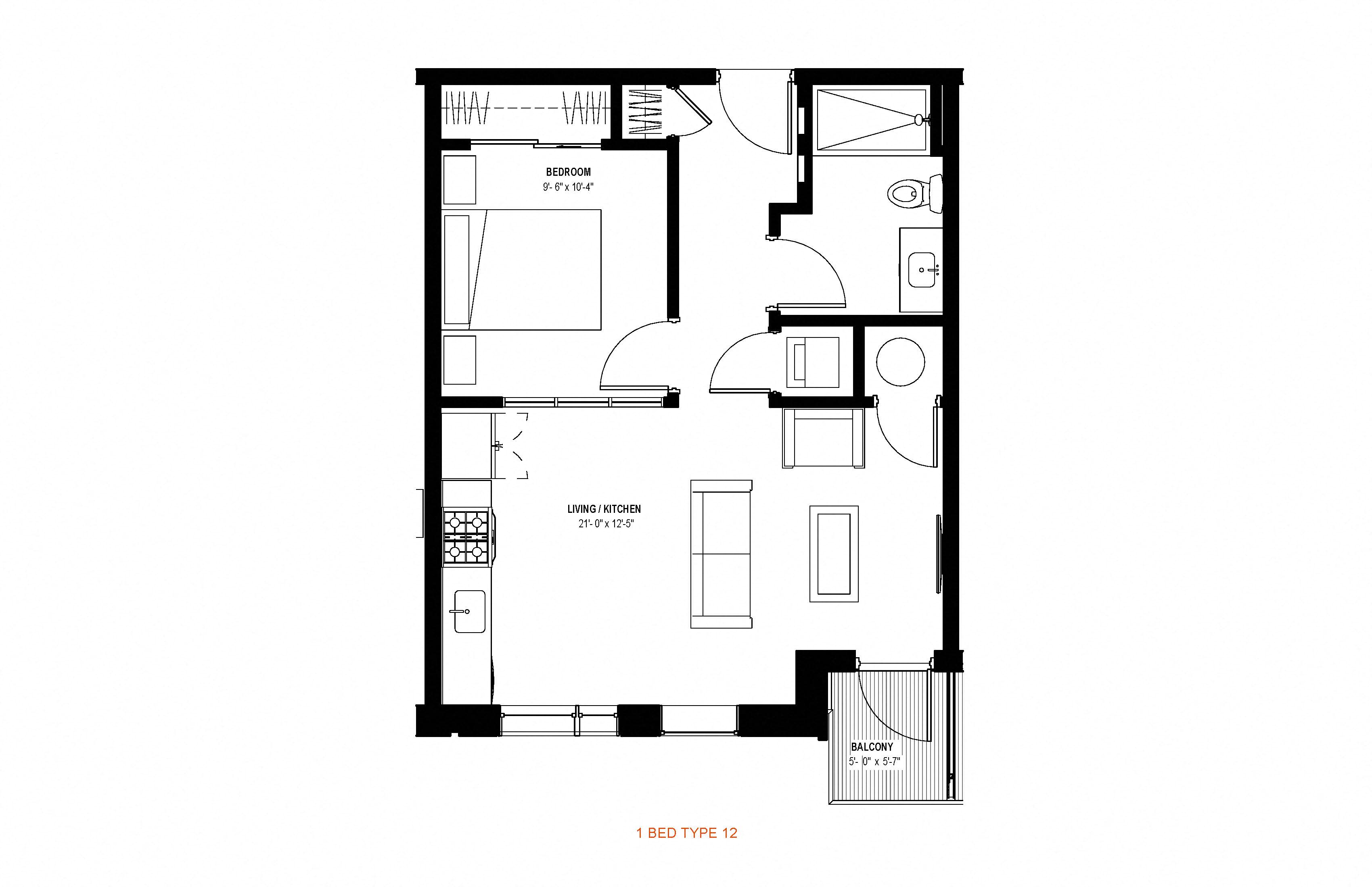 Floor plan for 1 bed, 1 bath, 563 sqft
